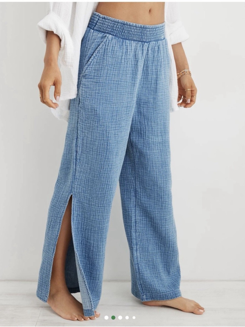 aerie Light Blue Wide-Leg Gauze Pants with Side Slits